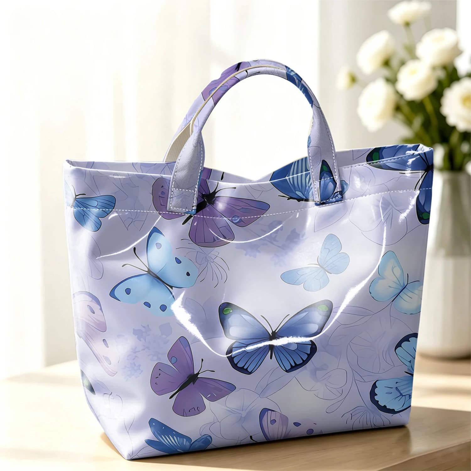 Lavender & Blue Butterflies Stylish Large Glossy PVC Tote Bag Washable Waterproof Durable for Travel Commute Cosmetics Handbags