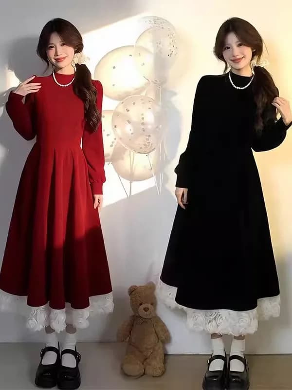 Red Velvet A-Line Dress Women's New Year's Fashion French Style Splicing Fake Two-Piece Waist-Cinched Long Sleeve round Neck
