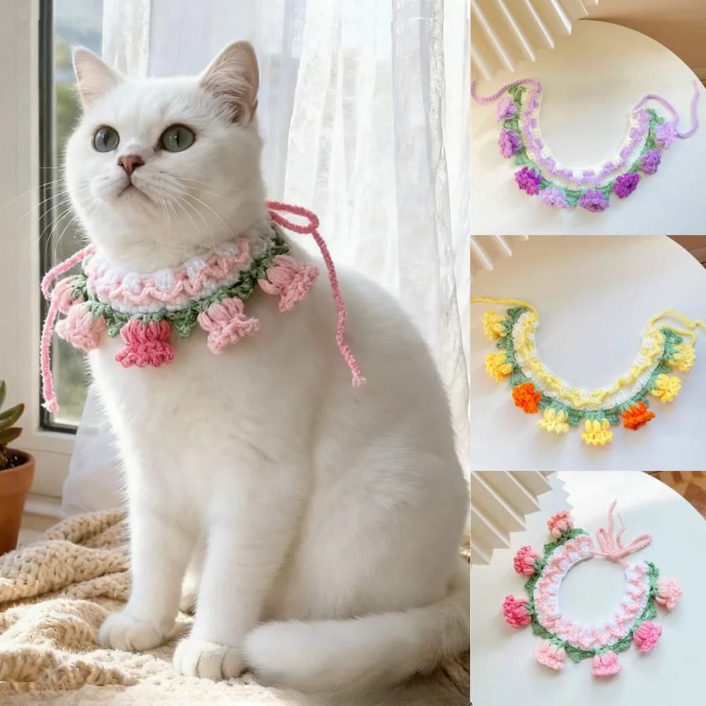 Collare lavorato a maglia per cani e gatti lavorato a mano Collare all'uncinetto Piccolo e medio animale domestico Bava Sciarpa Bavaglino Orchidea Campana Fiore Pet Accessori carini
