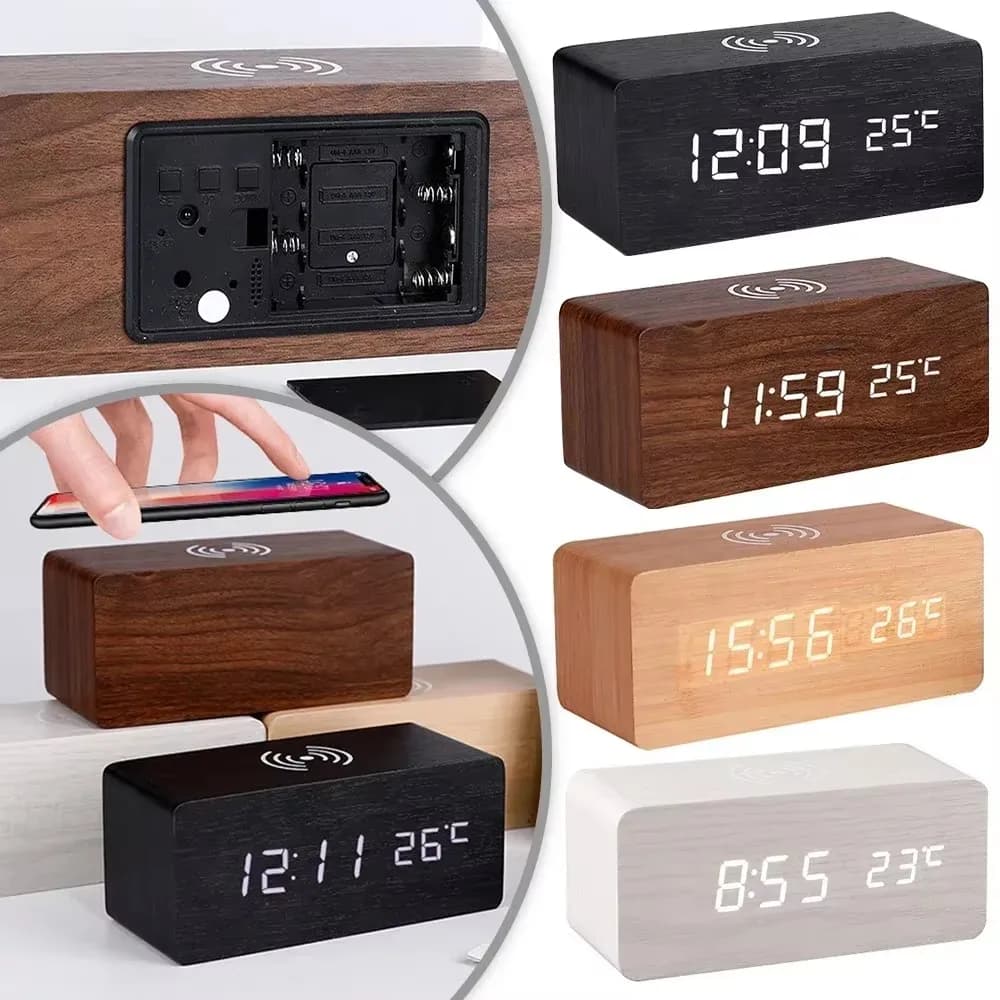 Sveglia Digitale LED in Legno con Alimentazione USB/AAA, Orologio da Tavolo con Temperatura e Ricarica Wireless