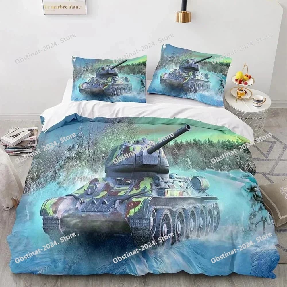 Set di Biancheria da Letto Stampato in 3D World of Tanks per Ragazzi e Ragazze, Copripiumino e Federe per Letto Singolo e Matrimoniale, Tessili per la Casa per Bambini e Adulti