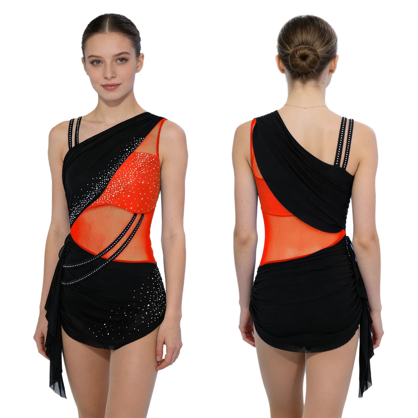 Body da Danza per Donna con Strass e Rete Trasparente, per Pattinaggio Artistico, Ginnastica, Acrobatica, Balletto, Danza Lirica e Latina