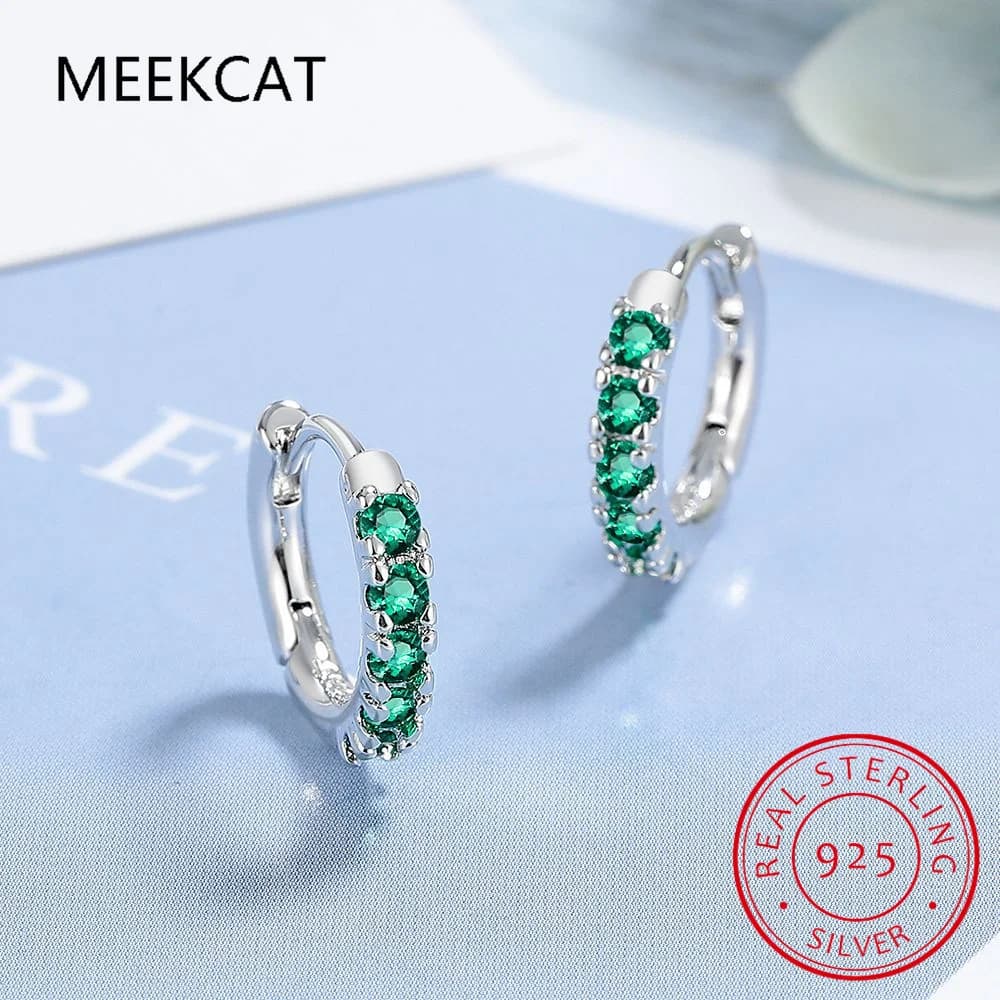 Orecchini a Cerchio Rotondi in Argento Sterling 925 con Smeraldo Nano Simulato Verde per Donne, Gioielli di Lusso con Gemme, Creole Huggies