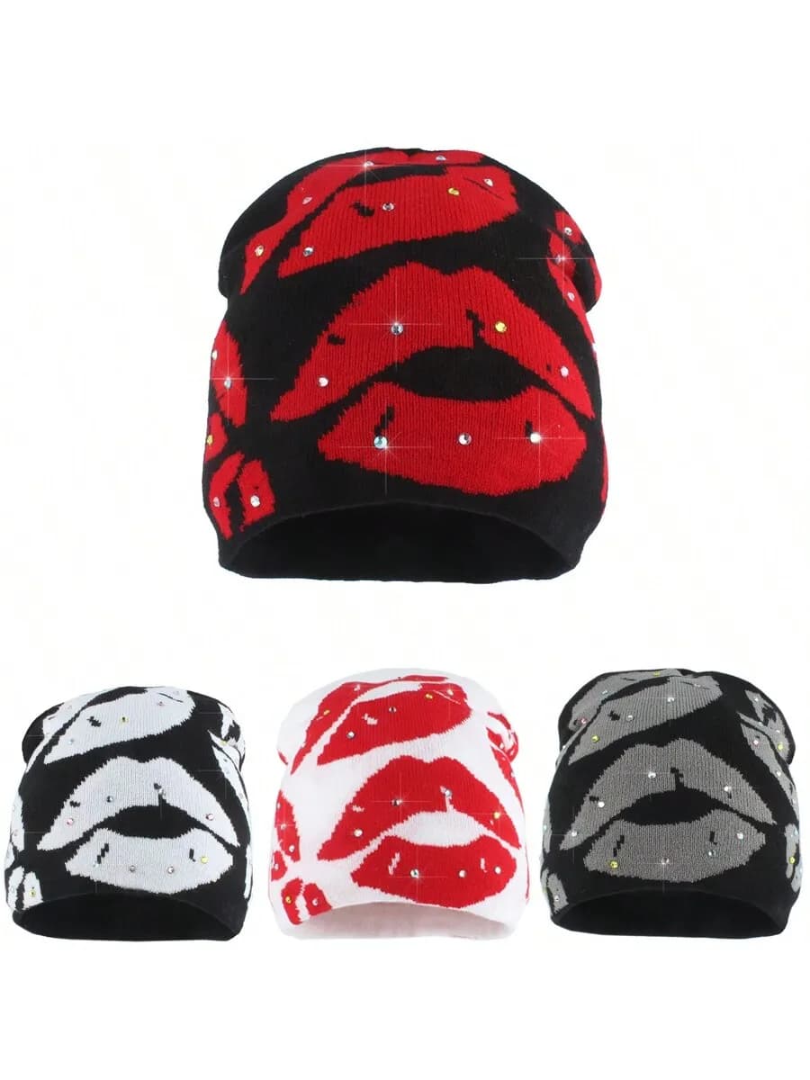 Berretto lavorato a maglia con stampa di labbra con strass per donna, streetwear, hip hop, caldo cappello invernale.