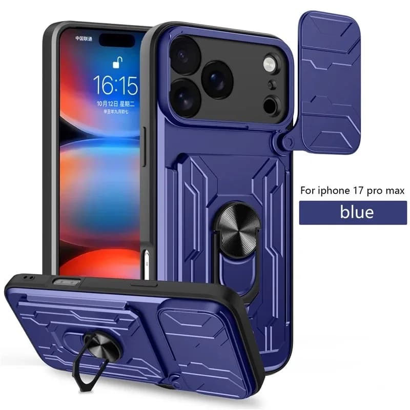 Custodia per iPhone 17 16 15 14 13 12 11 Pro Max Plus E Air con slot per schede e protezione fotocamera scorrevole, anello di grado militare e cover posteriore magnetica a 360°