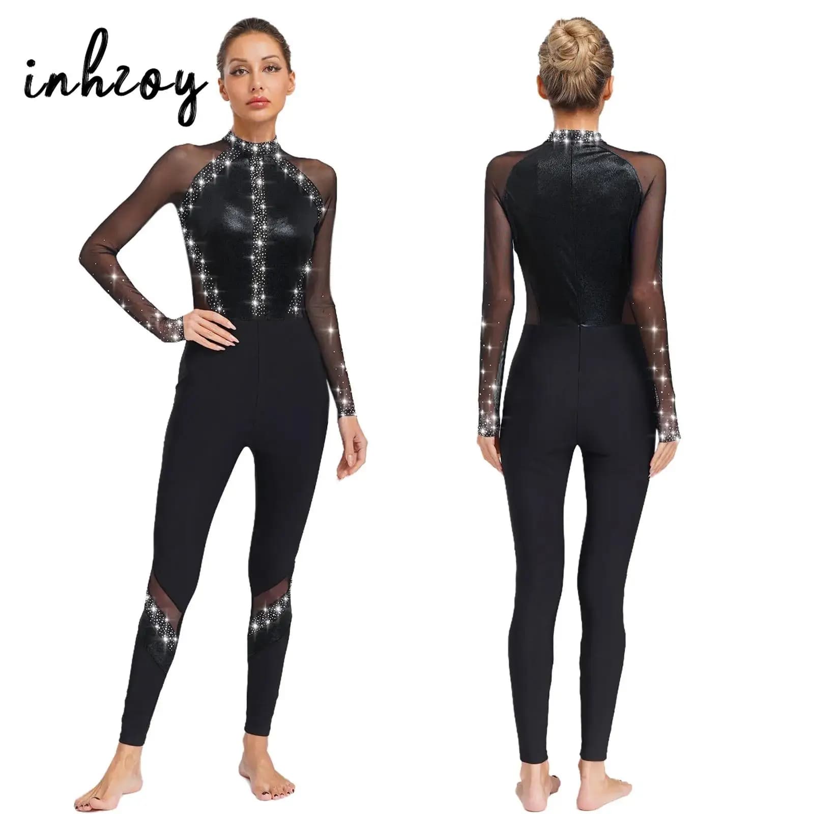 Tuta da ballo per danza classica da donna, costume da performance di pattinaggio di figura, body completo con maniche lunghe in rete di strass