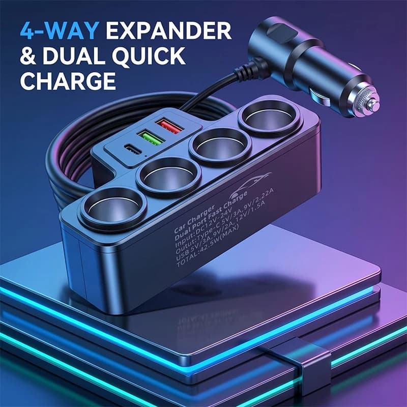 Adattatore di Alimentazione Rapida PD QC3.0 con Doppia Presa USB 120W per Auto, Splitter Accendisigari 12V 24V, Caricatore per Telefono, DVR e Dashcam