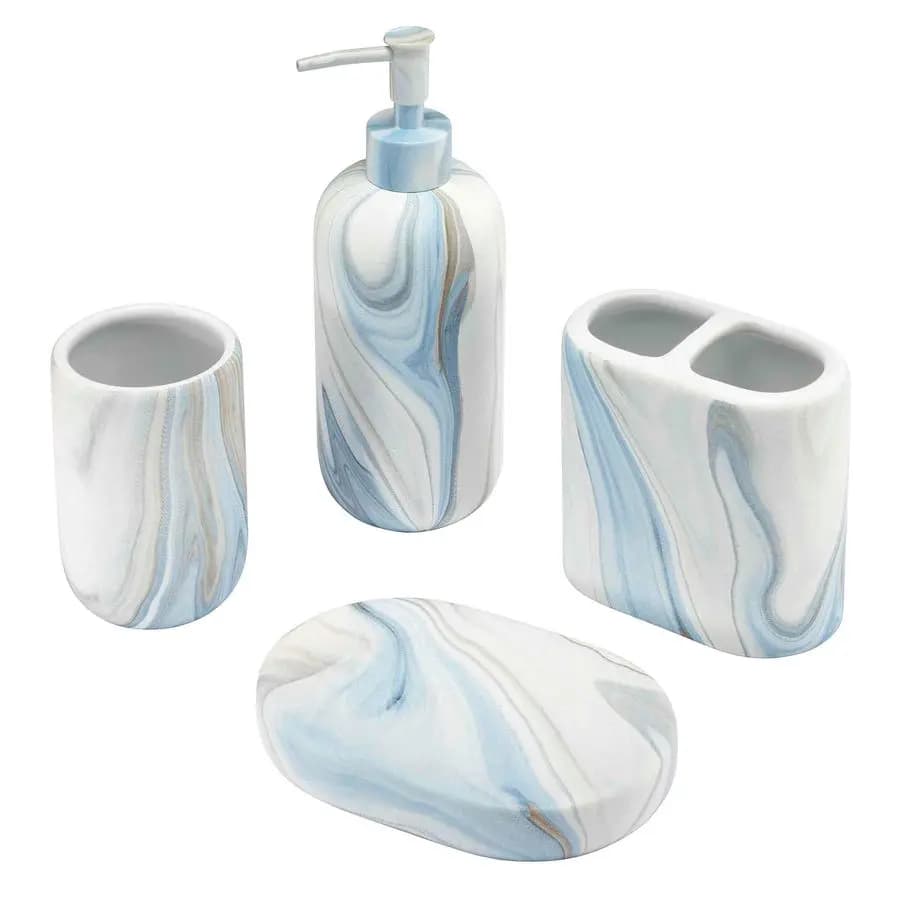 Set da Bagno, 4 Accessori da Bancone, Bicchiere in Resina, Portaspazzolino, Portasapone, Dispenser per Lozione Collezione Onde, Blu