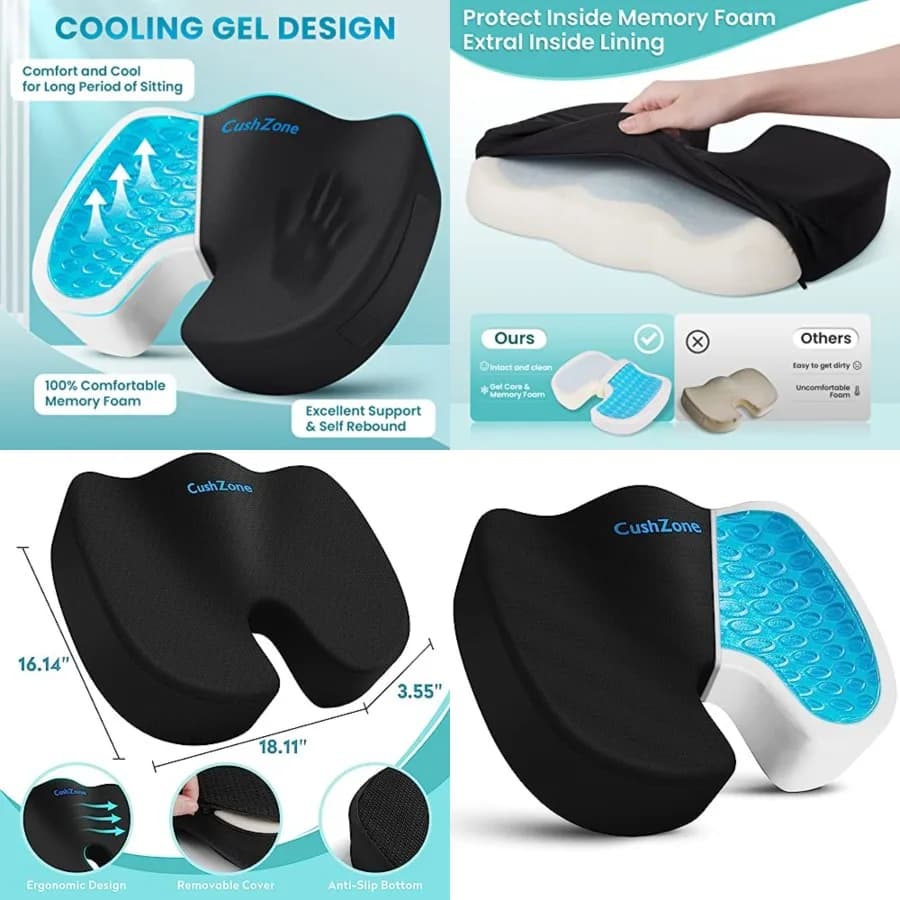 Office Chair Seat Cushion, Cooling Gel Enhanced Memory Foam Cushion for Long Sitting - Back, Sciatica, Coccyx, Tailbone Pain Re