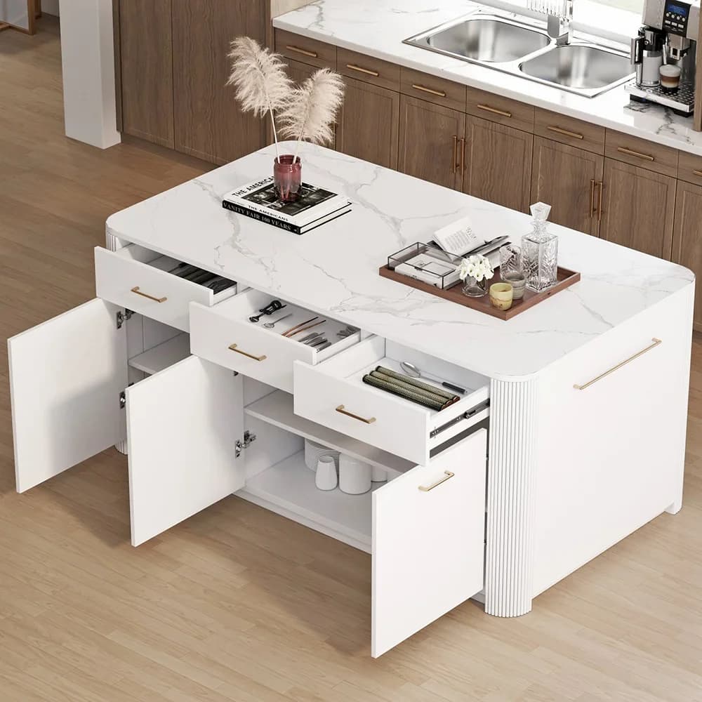 Tavolo da Cucina Moderno in Pietra Sinterizzata da 1,8 m, Isola da Cucina, Tavolo da Preparazione, Bancone Colazione Autoportante con Contenitori, Cassetti e Portasciugamani