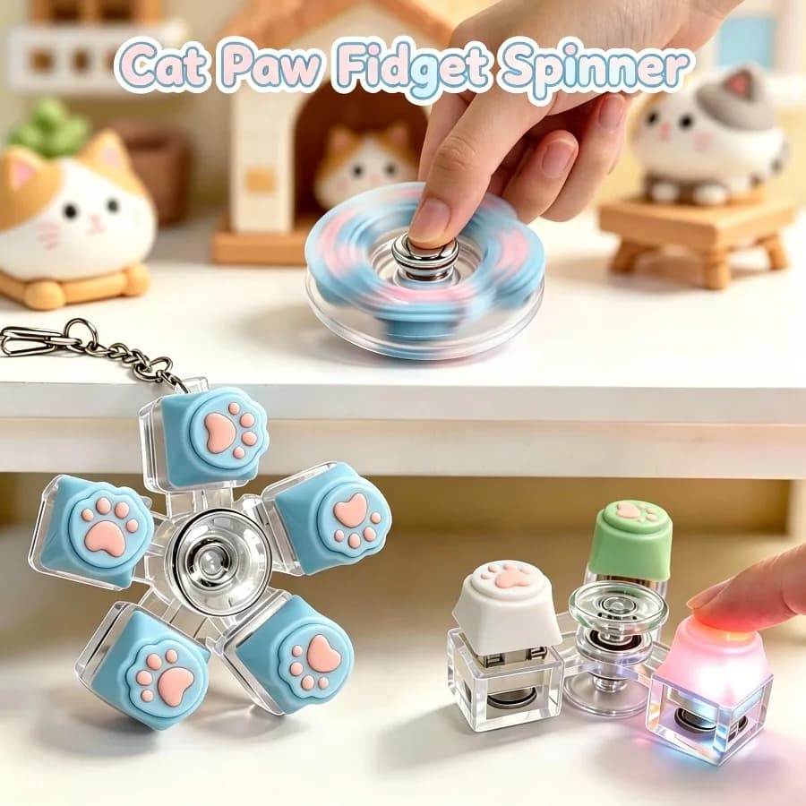 Portachiavi LED a forma di zampa di gatto con spinner, design a keycap meccanico, luminoso, antistress per ansia e ADHD