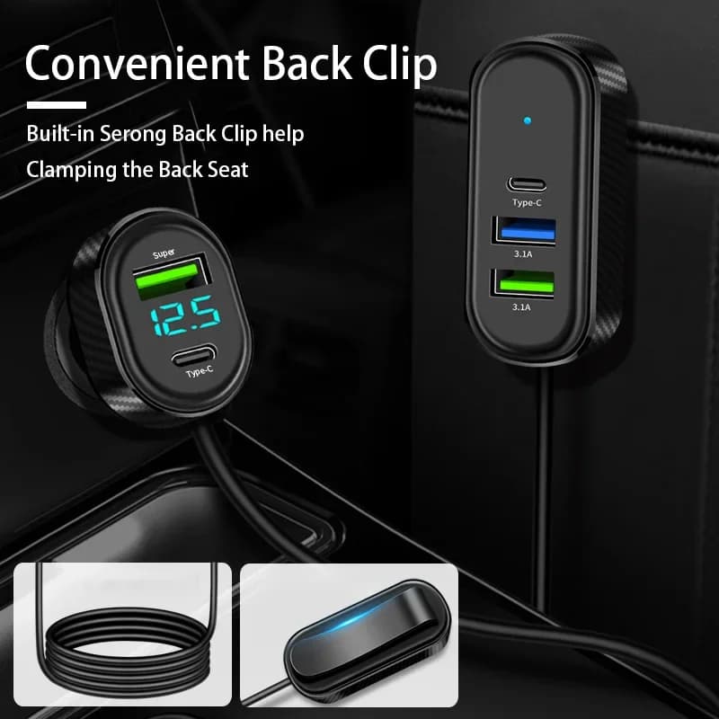 Caricabatterie per auto 12V/24V 100W max 5-in-1, ricarica super rapida 66W, doppia USB+Type C con display di tensione, cavo da 150 cm per iPhone/Android.