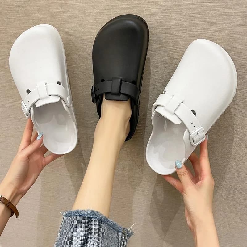 Women's Thick Bottom Sandals Slip-On Plastic Clog Shoes Anti-Slip Soft Sole Work Nurse Summer Breathable Flat Heel Shoes