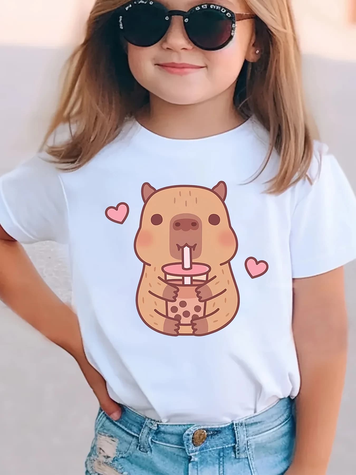 Cute Capybara Print Girls Summer Clothes Crew Neck T-Shirts for Girls Short Sleeve Tee 2025 Kids Clothes T-Shirts Girl Clothing