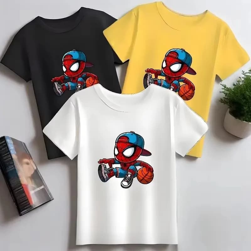 New Children's T-shirt with Basketistic Elements and Spider-Man Playful Print, Pure Cotton, Outfit Coordinated Genitor-Son, Unisex T-shirt Summer