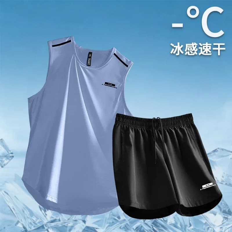 Ice Silk Running Sports Suit Men's Summer Fitness Clothing Quick-Drying V-Neck T-Shirt Training Shirt Professional Equipment