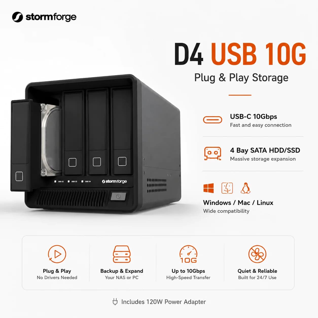 Stormforge D4 Box Esterno per 4 Dischi Rigidi USB C 10Gbps 8643 SATA HDD SSD per NAS Mac Mini Windows Linux