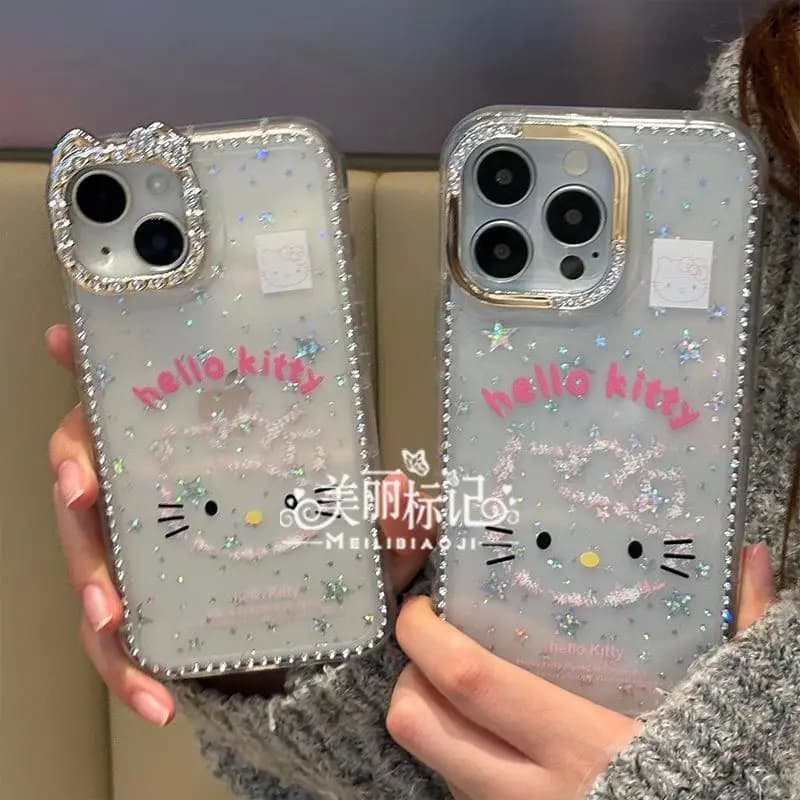 Custodia per telefono trasparente lucida con orecchie di gatto in strass glitterati a tema Hello Kitty per iPhone 17 16 15 14 13 Pro Max Plus, regalo per ragazze