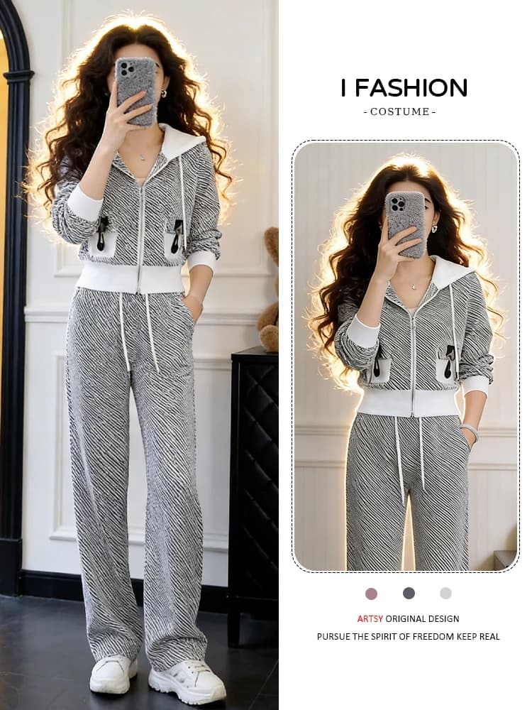 Elegant Sporty Complex Women's Casual Spring and Autumn with Jacket with Hood and pants Larga Fashion and Trendy