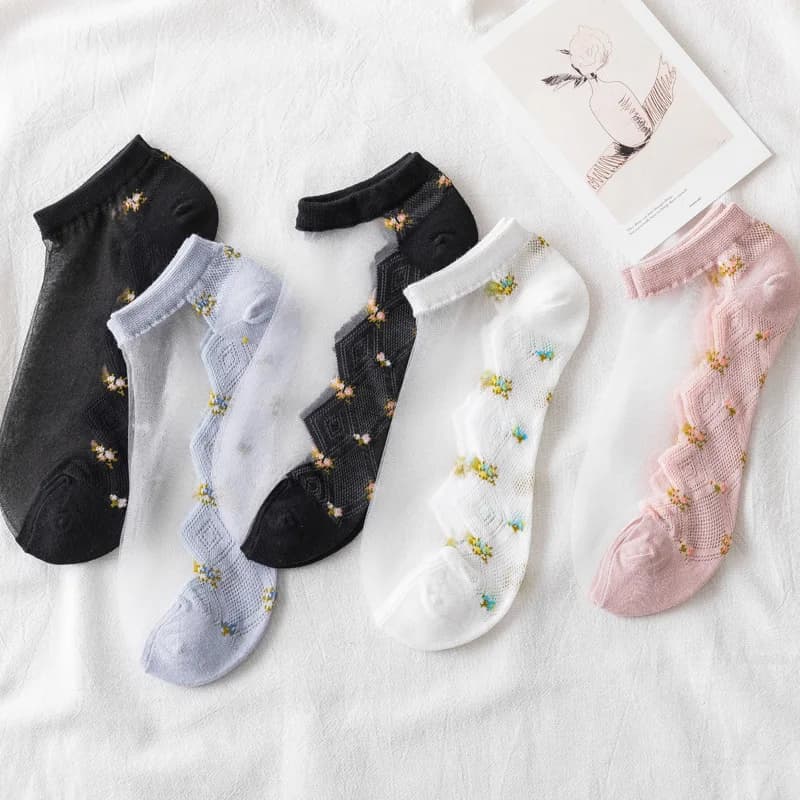 5 paia di calzini Ultra traspiranti alla caviglia estate donna pizzo trasparente seta cristallo fiore ragazze elastico corto femminile Sox