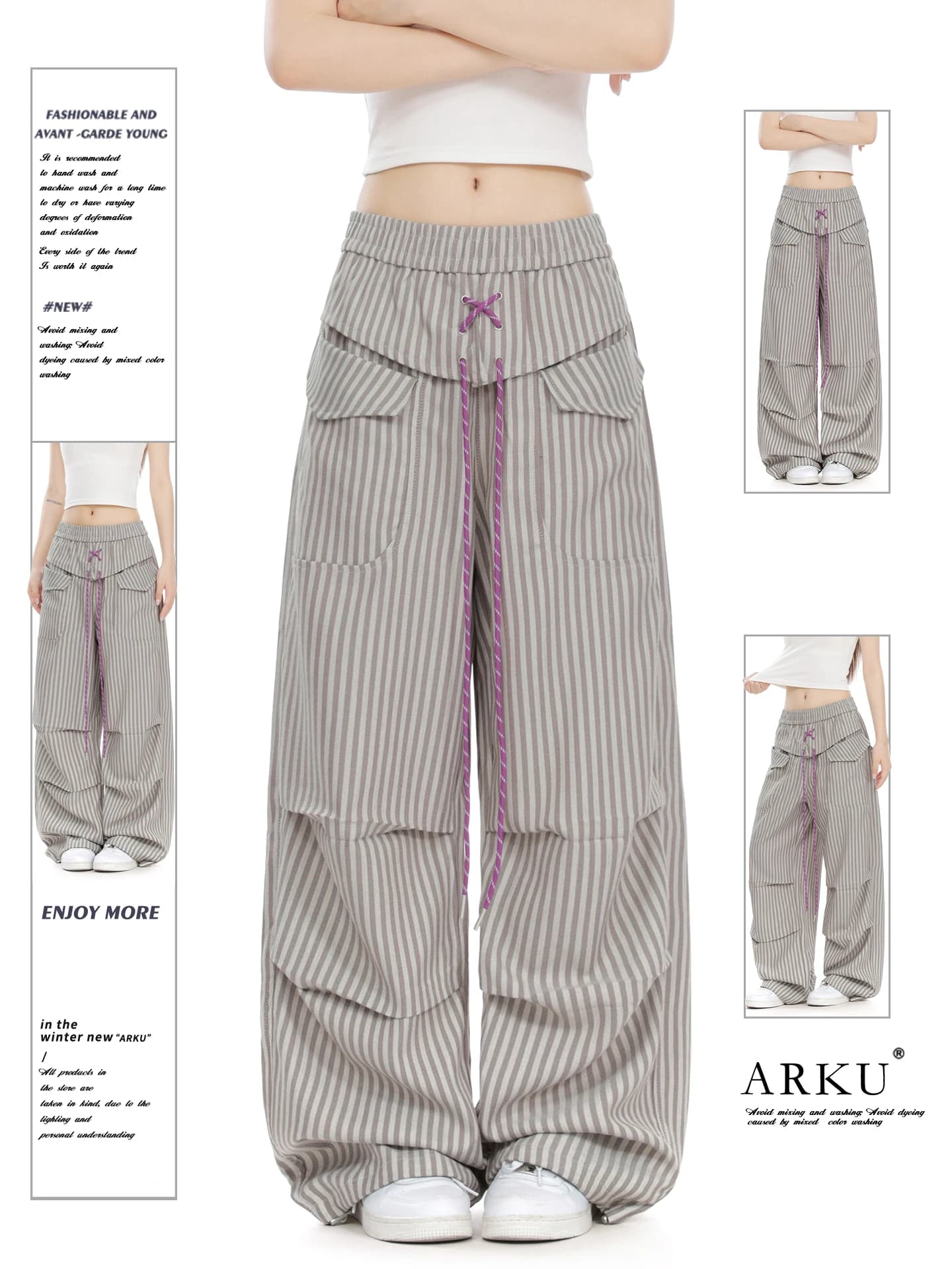 Loose Women's Utility Pants ARKU American Stripe Belted Paratrooper Wide Leg Casual Trousers Vintage Drape Folded Straight
