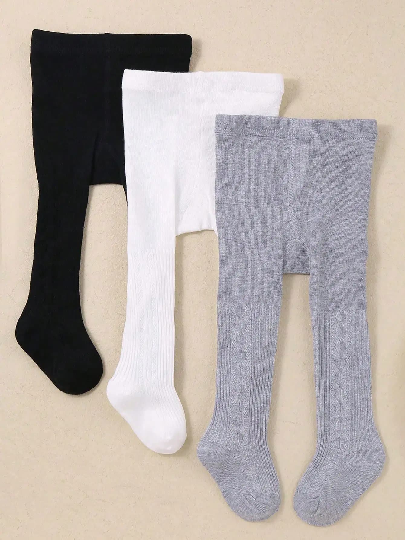 Pack of 3 knitted tights for baby in black, white and gray - Soft and warm leggings for daily use in autumn and winter