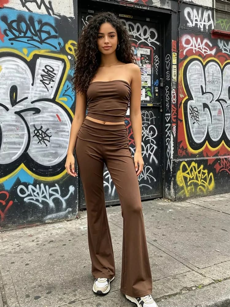 Y2K Women Fold Over High Waist Flared Pants Solid Stretchy Ruched Waist Bootcut Trousers Slim Casual Yoga Streetwear Long Pants
