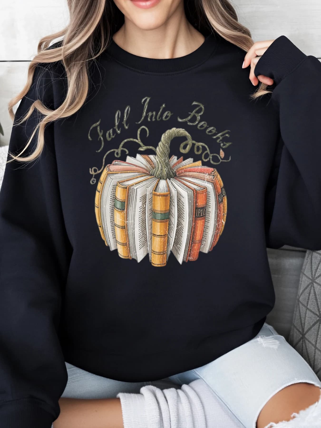 Fall in Books Pumpkin Book Design Halloween Women's Casual Autumn Reading Dress Black Plus Size