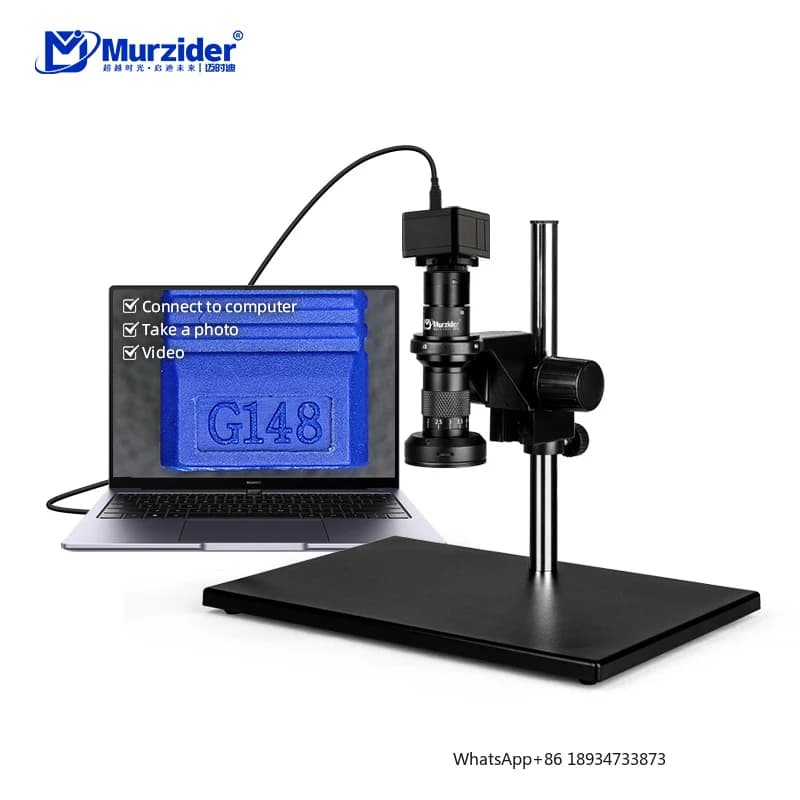 Microscopio industriale Murzider con telecamera da 10 milioni di pixel collegata a un computer o visualizzazione per l'imaging. MSD413-1000W