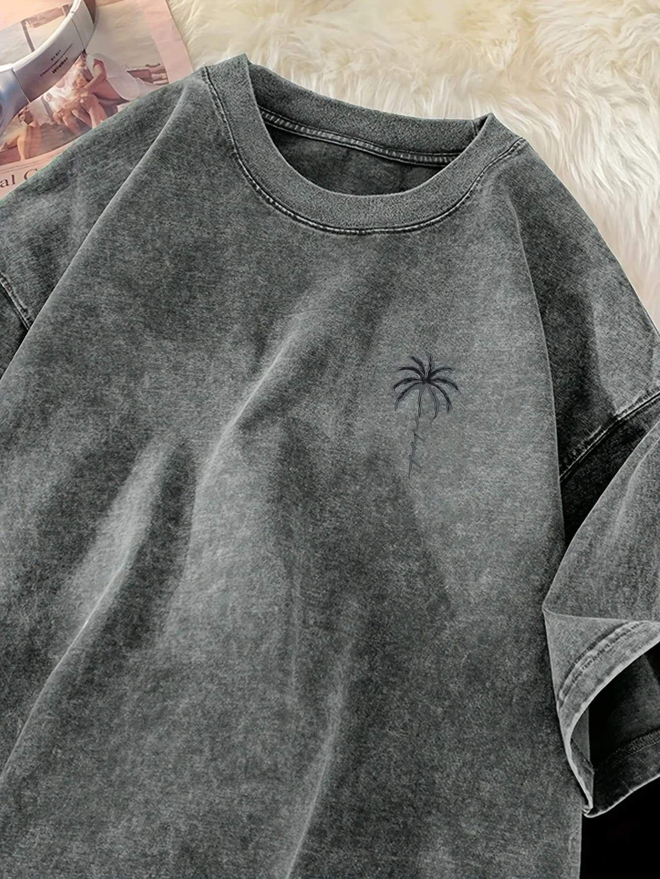 2026 Summer New Style Men's Vintage Washed Pure Cotton T-Shirt Fashion Comfortable Soft Casual Coconut Pattern Print