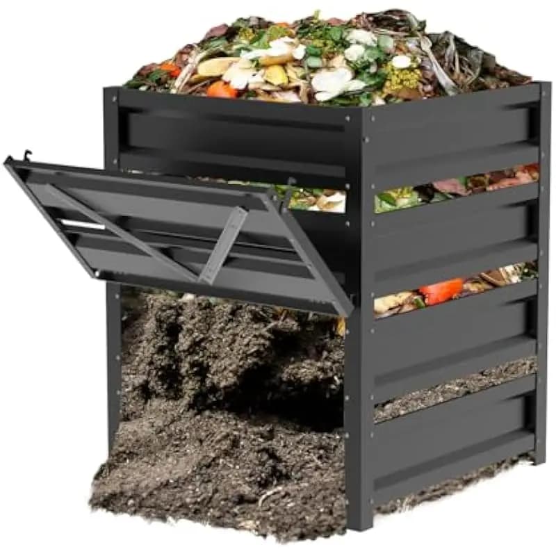 Outdoor Compost Bin 170-Gallon Rectangular Metal Unit with Rust-Resistant Finish Four-Sided Aeration Vents Bottom Harvest Door E