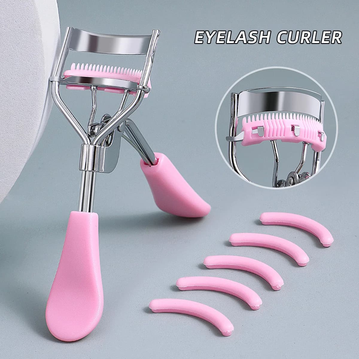 Piegaciglia portatile con 5 cuscinetti in silicone, acciaio inossidabile rosa con strumento per arricciare pettine per extension ciglia, piegaciglia