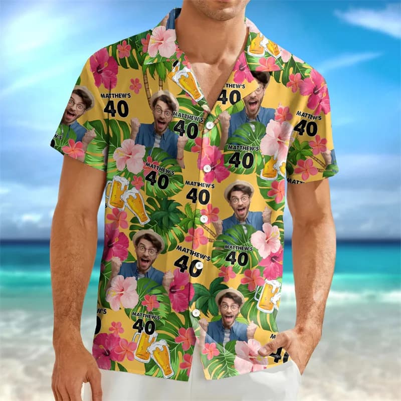 Foto di compleanno personalizzata Camicia hawaiana da uomo 2025 Camicie da spiaggia estive Bottoni a maniche corte Stampa 3d Camicetta con piante tropicali