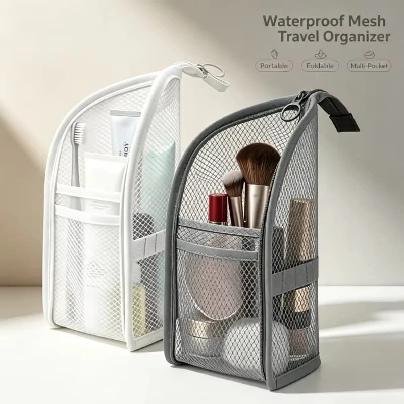 1pc Standing Mesh Toiletry Bag Portable EVA Waterproof Travel Foldable Toothbrush Cosmetic Bag Women Bathroom Storage Organizer