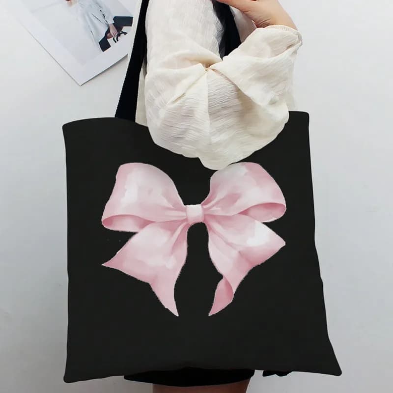 ROMWE Kawaii Bow Pattern Canvas Shoulder Bag Valentines Canvas Handbag Tote for Women Students Work Street Travel Gifts Bags