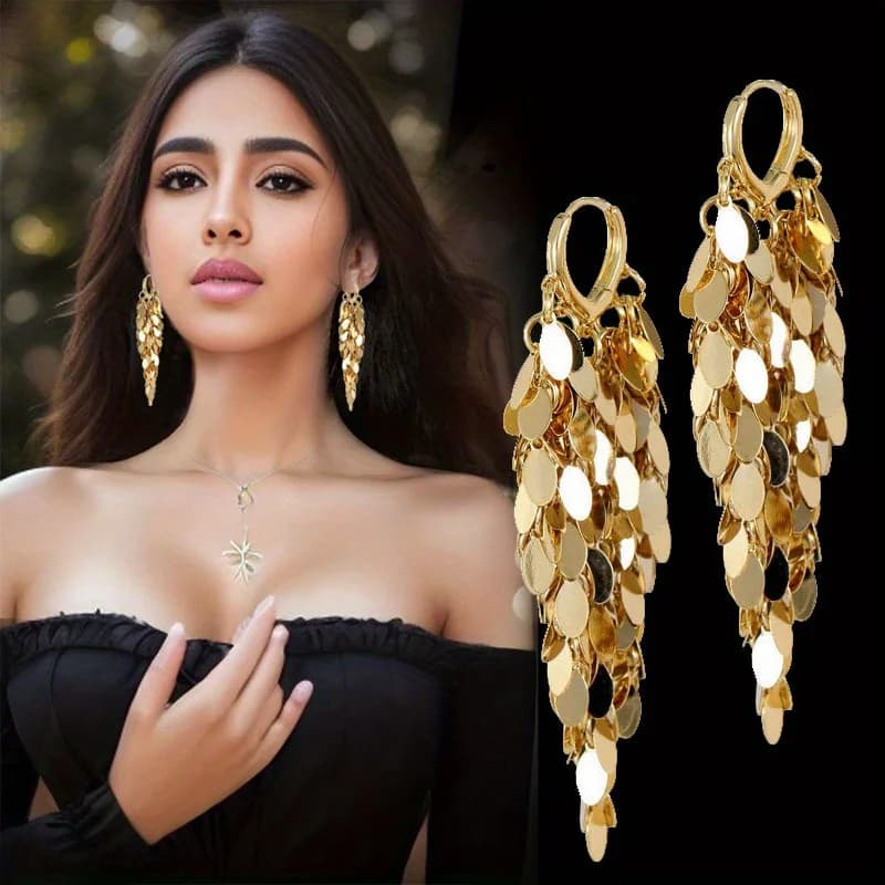 1 pair of glittering pendant earrings for attractive ladies, the latest fashion accessories, high-quality iron leaf tassel earrings, exquisite party accessories, ideal birthday gift