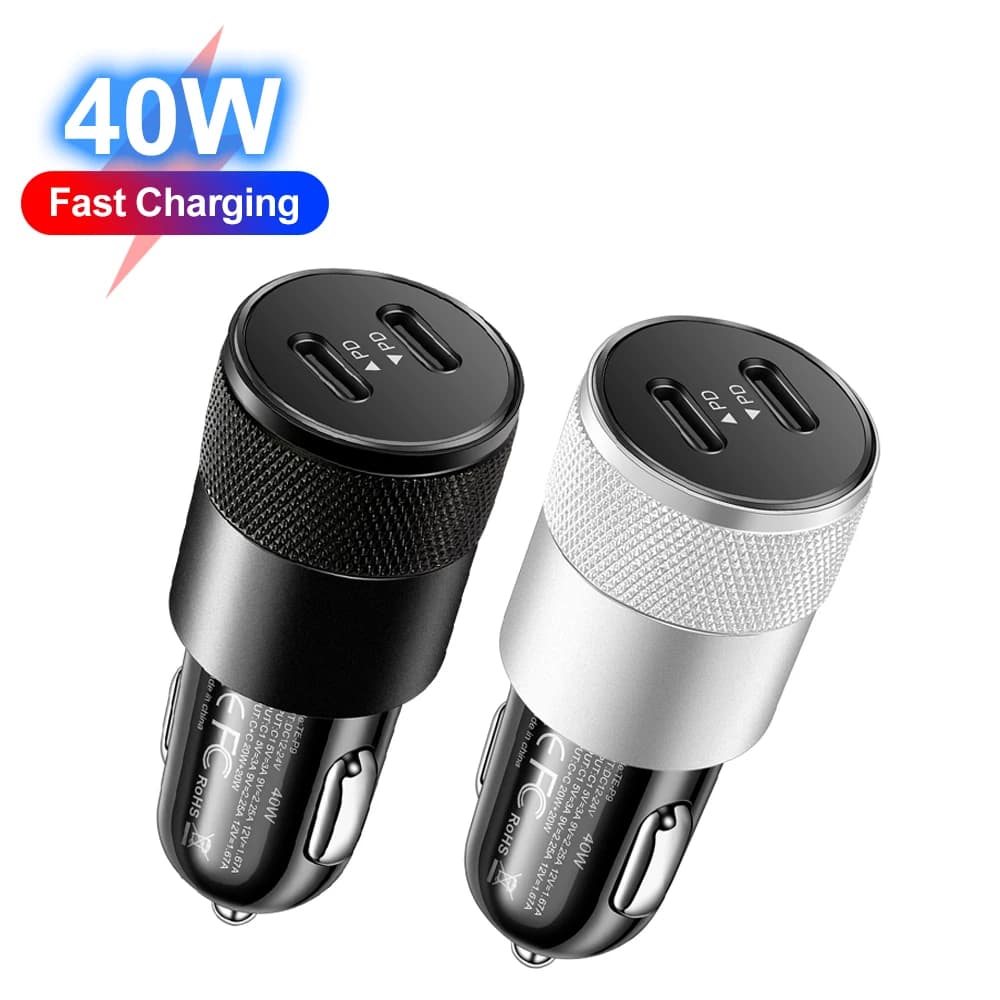 Adattatore per caricabatteria da auto doppio PD da 40 W Tipo di ricarica rapida Caricatore rapido USB C nel telefono cellulare dell'auto per iPhone Xiaomi Samsung