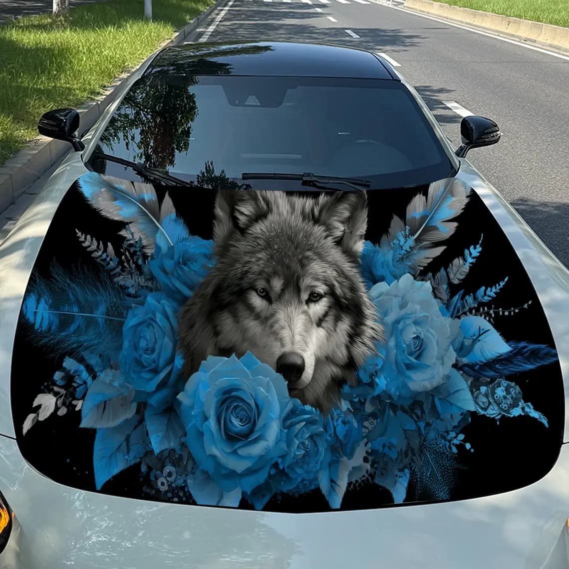 Whimsical Blue Floral Dreamcatcher Wolf Auto Cover Sticker, Waterproof and Self-adhesive Auto Hood Decal, Auto Vinyl Wraps, Cool