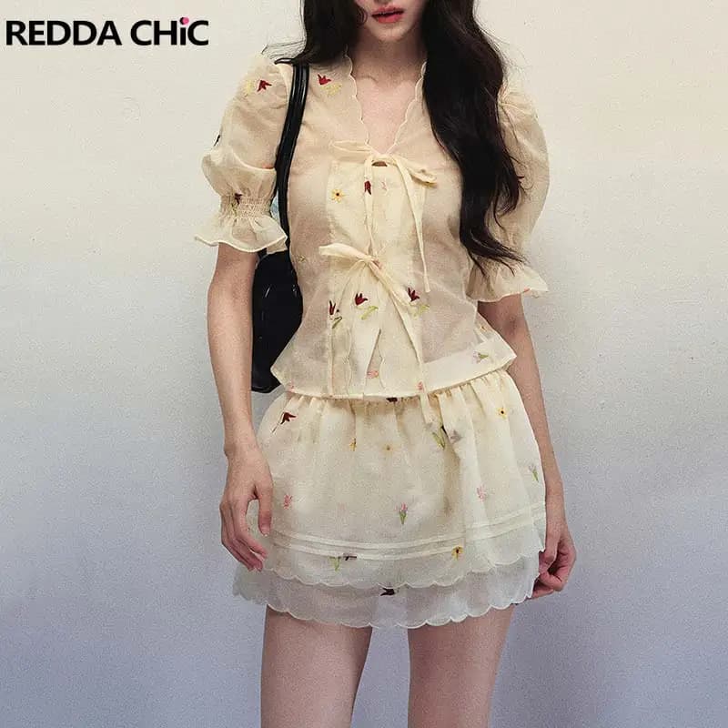 REDDACHiC Floral-embroidered Chiffon Top Skirt Women Matching Set Cutecore Puff Sleeve Blouse Mini Skirt Coquette Summer Clothes