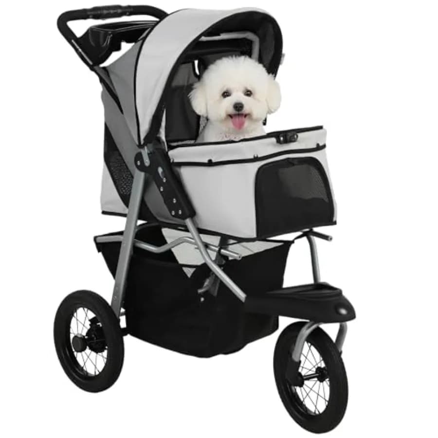 PawHut Dog Stroller for Small Dogs, 3 Wheel Foldable Pet Stroller with 12 Rubber Wheels, Mesh Window, One-Foot Brake, Storage B