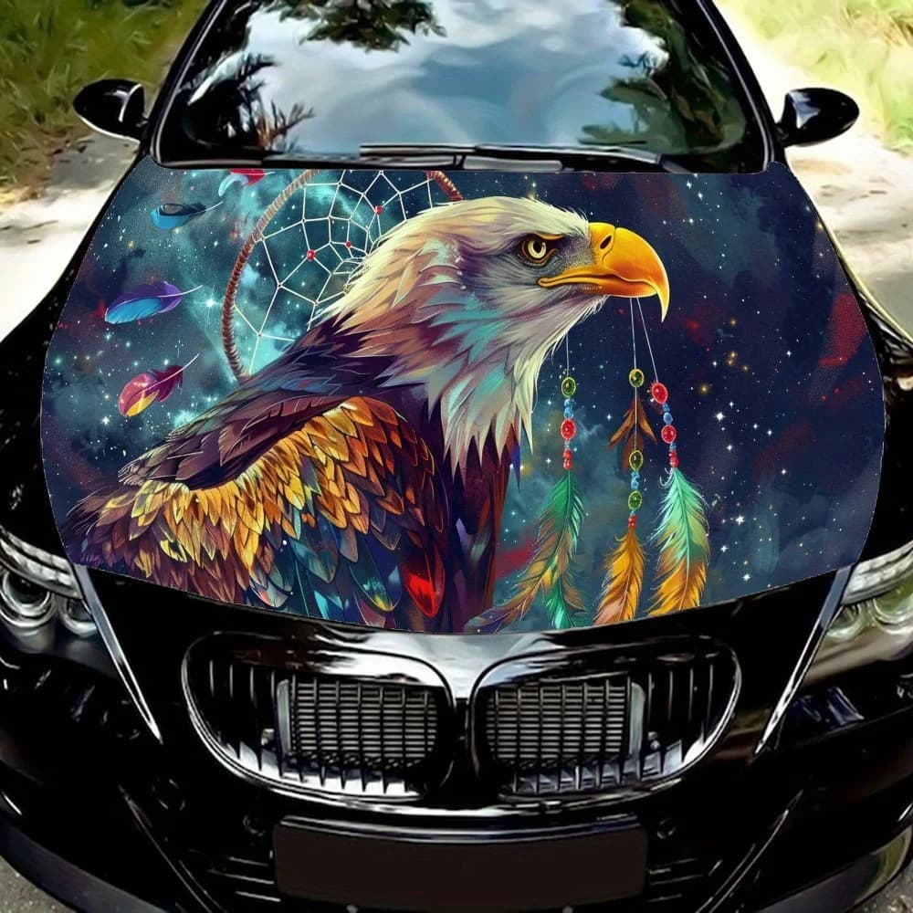 Dreamy Starry Sky Eagle Dreamcatcher PVC Car Vinyl Wraps, Self-Adhesive Waterproof Car Hood Decal Sticker, Car Decoration Protec