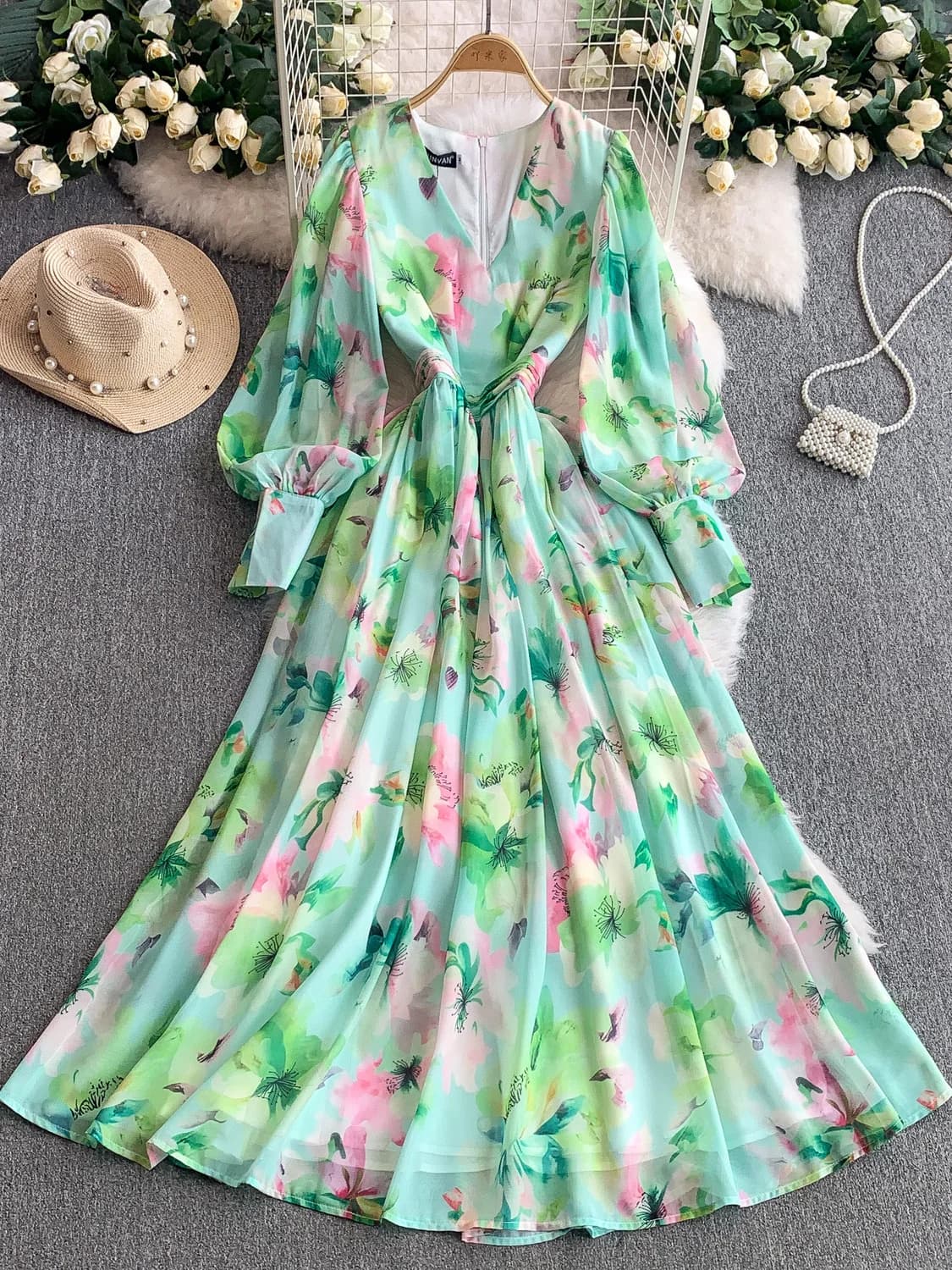 Abito estivo da donna in chiffon stampato a maniche lunghe con scollo a V, vita alta, gonna midi a trapezio, orlo svasato, stile coreano, per il commuting