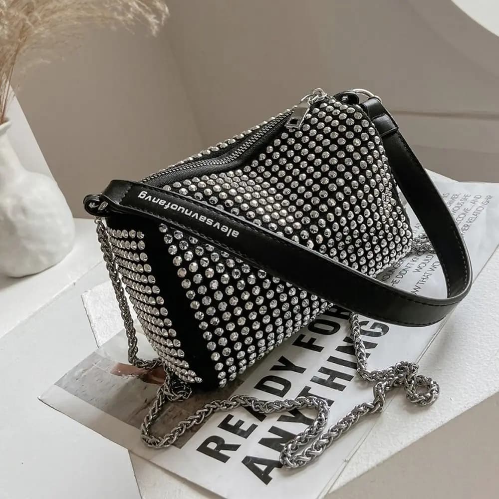 Casual Handbag with Large Capacity Rhinestones, Small Glossy Square Bag, Pillow Bag, Women's Hinge Shoulder Bag