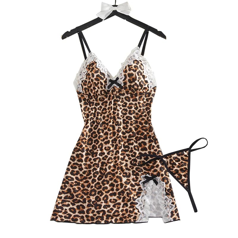 Vestito da Notte Sexy con Scollo a V Profondo e Stampa Leopardata, Set Due Pezzi con Spalline e Spacco, con Perizoma, Costumi Erotici da Donna