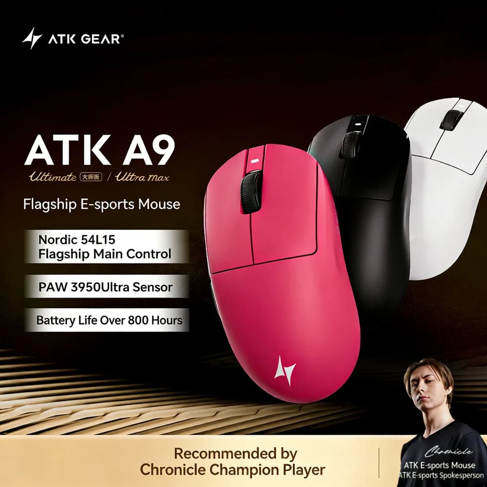 Mouse Wireless ATK Dragonfly A9 Plus Air Ultimate, Tri-Modalità, PAW3950Ultra 0.181ms, Doppia 8K, Leggero, Personalizzabile per Gamer PC