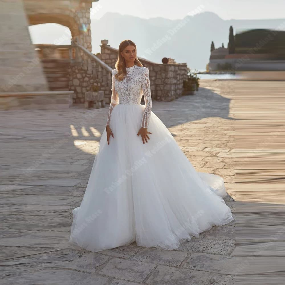 Abiti da sposa eleganti da donna a-line bianchi con collo alto in pizzo applique abiti da sposa da sposa abiti da banchetto di fidanzamento personalizzati