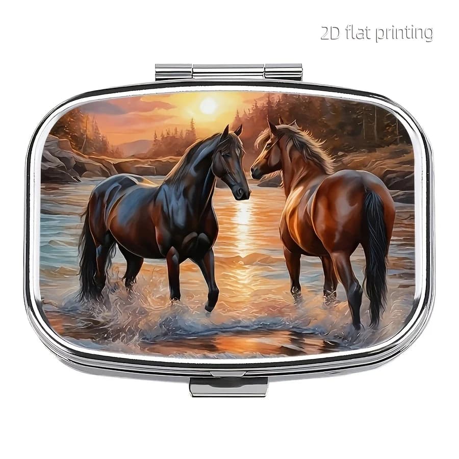 Elegant Horse Pattern Pill Box - Compact 2-Compartment Medicine and Vitamin Organizer with Secure Snap Closure, Suitable for Travel and Handbag Use