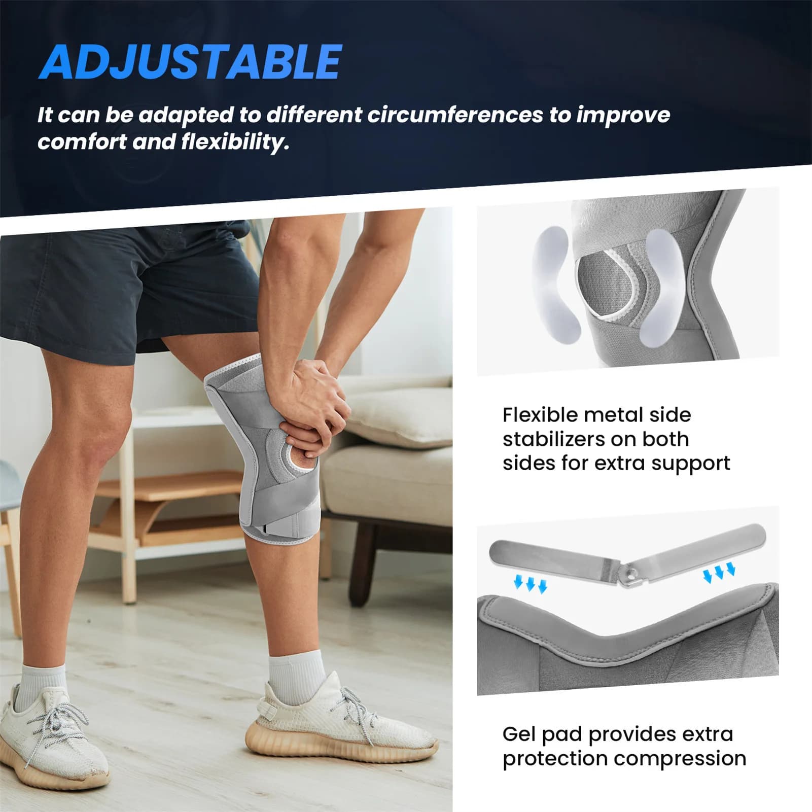 1 pezzo di supporto per ginocchio grigio con stabilizzatore rotuleo, cinturino regolabile, protezione per il ginocchio per corsa, escursionismo, allenamento fitness
