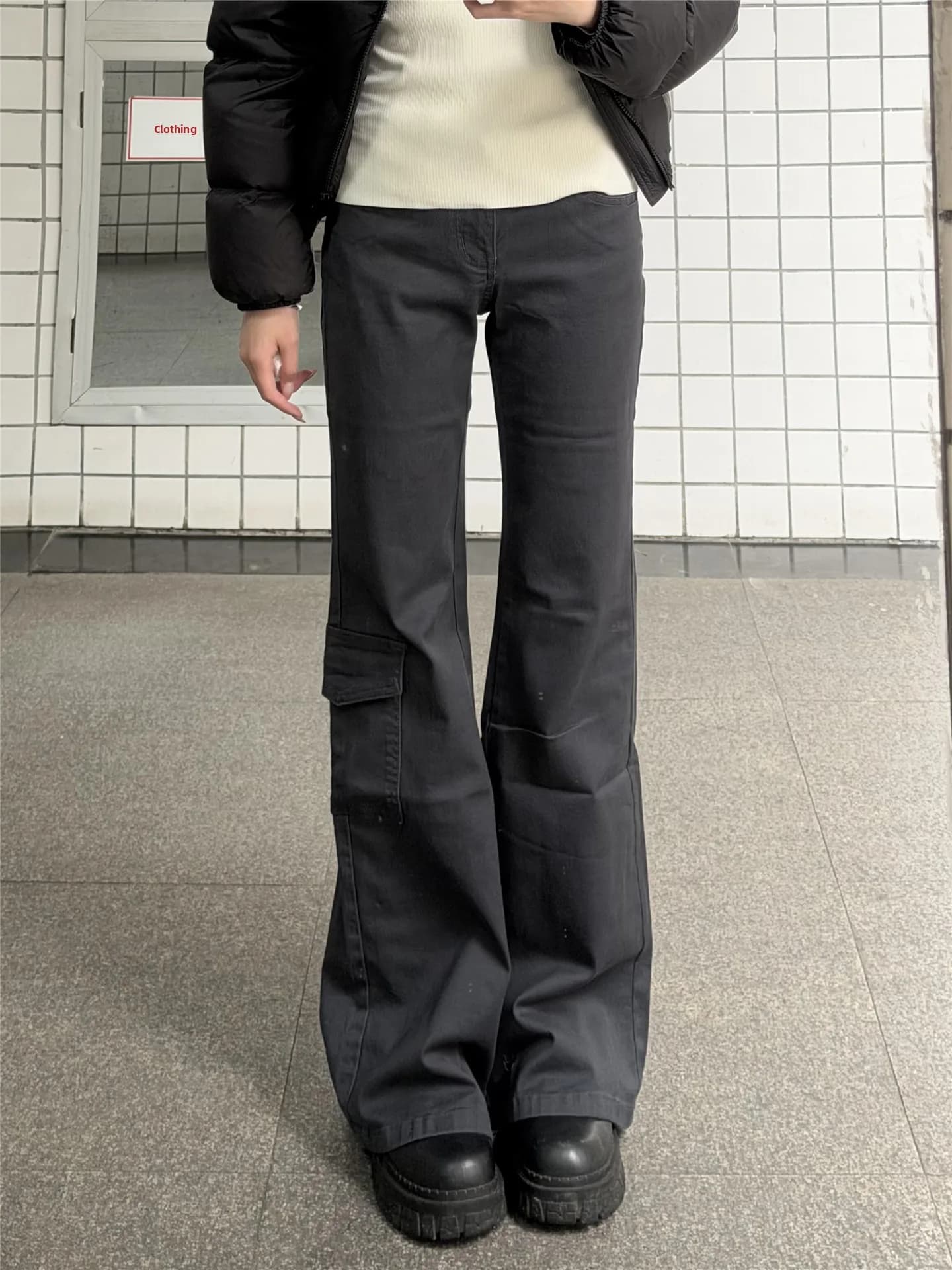 American Style Low Waist Bell Bottom Jeans Women's plus Size Long Multiple Pockets Workwear Cotton Soft Washed Commute