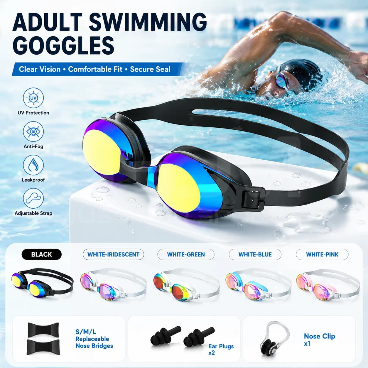 JSJM Adult Swimming Goggles Anti-Fog UV Protection Mirror Lens Waterproof Swim Glasses Wide View Adjustable for Men Women